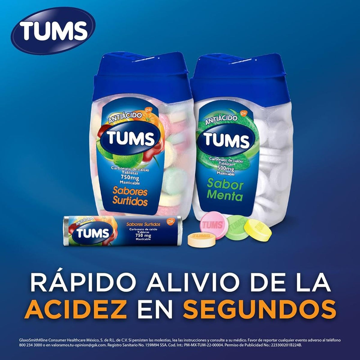 TUMS Antiácido con Carbonato De Calcio 750mg, para Acidez Estomacal, Sabores Surtidos, 2 pack 45 Pastillas Masticables cada