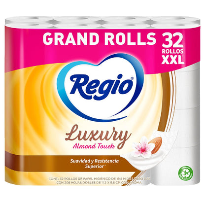 Regio Rinde+ Toallas de papel, 250 hojas dobles, 1 rollo + Papel Higiénico Luxury Almond Touch; Ligero Aroma A Almendras Y Hojas Dobles; Marca 32 Rollos, color, 32 count, pack of/paquete de
