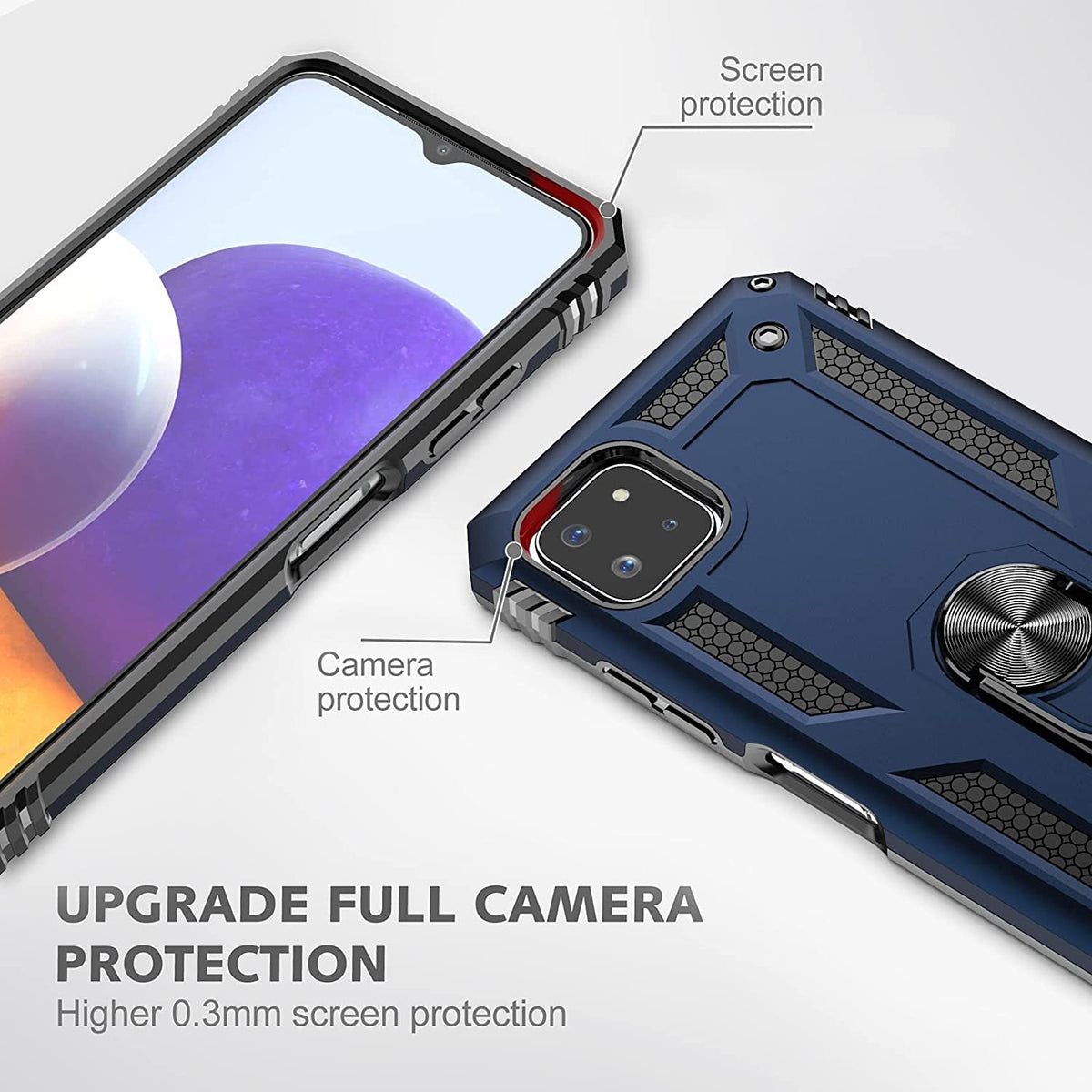 BestMX Funda para Samsung Galaxy A22 (5G Version) Case + Protector de Pantalla de Cristal Templado + Lens Mica, Híbrida Rugged Protección Dual Layer Bumper Carcasa con Pie De Apoyo, Azul