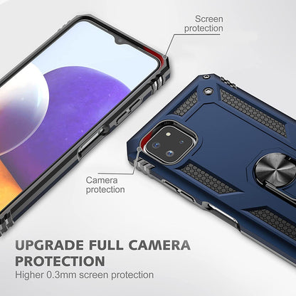 BestMX Funda para Samsung Galaxy A22 (5G Version) Case + Protector de Pantalla de Cristal Templado + Lens Mica, Híbrida Rugged Protección Dual Layer Bumper Carcasa con Pie De Apoyo, Azul