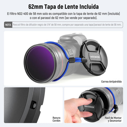 NEEWER 58mm Filtros ND Variable & Filtro Difusión Negra 1/4 Set, Paquete de 2 Vidrio Optico Multicapa Densidad Neutra ND2-400 & Filtro Efecto Cinematográfico Suave Ensueño para Lentes Cámara.