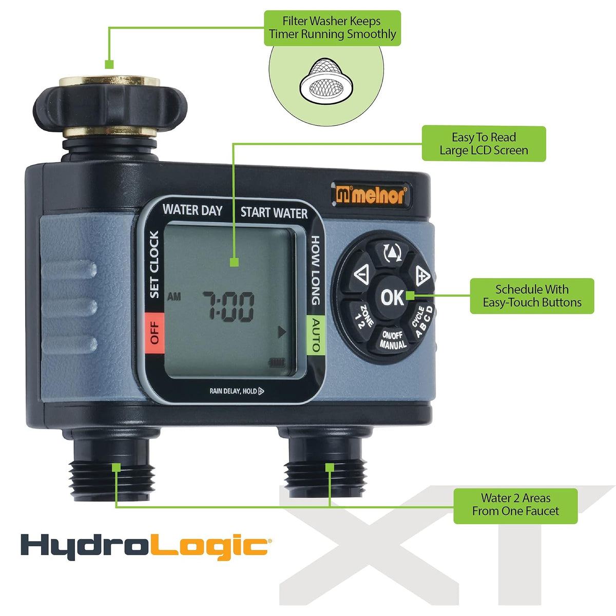Melnor 65166AMZ HydroLogic - Temporizador Digital de Manguera con Temporizador programable de 2 Zonas, Paquete de conexión rápida, Negro, Gris