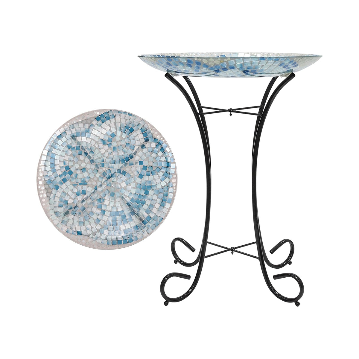 Alpine Corporation Tazón de Vidrio para Baño de Pájaros de Estilo Mosaico de 24" de Altura para Exteriores con Soporte de Metal, Azul