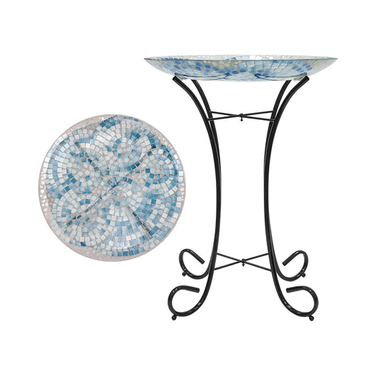 Alpine Corporation Tazón de Vidrio para Baño de Pájaros de Estilo Mosaico de 24" de Altura para Exteriores con Soporte de Metal, Azul