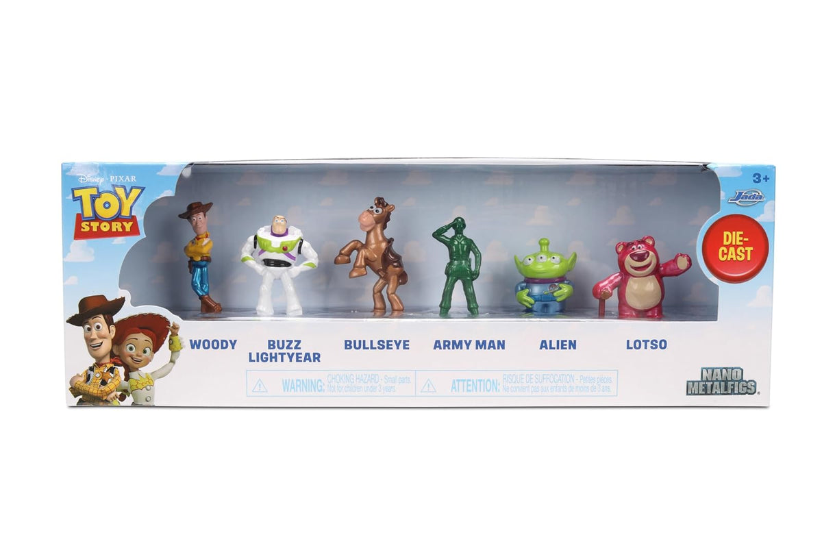 Jada Toy Story Nano Metalfigs - Paquete de 6 Mini Cifras fundidas a Troquel, Escala de 1.65 Pulgadas - Woody, Buzz, Bullseye, Hombre del ejército, Alien, Lotso Toys