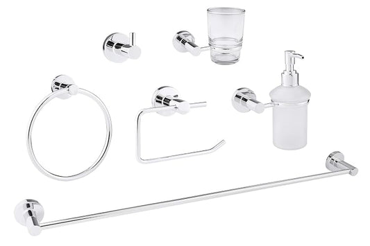 DICA, Juego de Accesorios 6 Piezas, Acabado Cromo, Vidrio, Acero Inoxidable, Incluye Gancho, Portavaso y Dispensador de Jabón, 3200