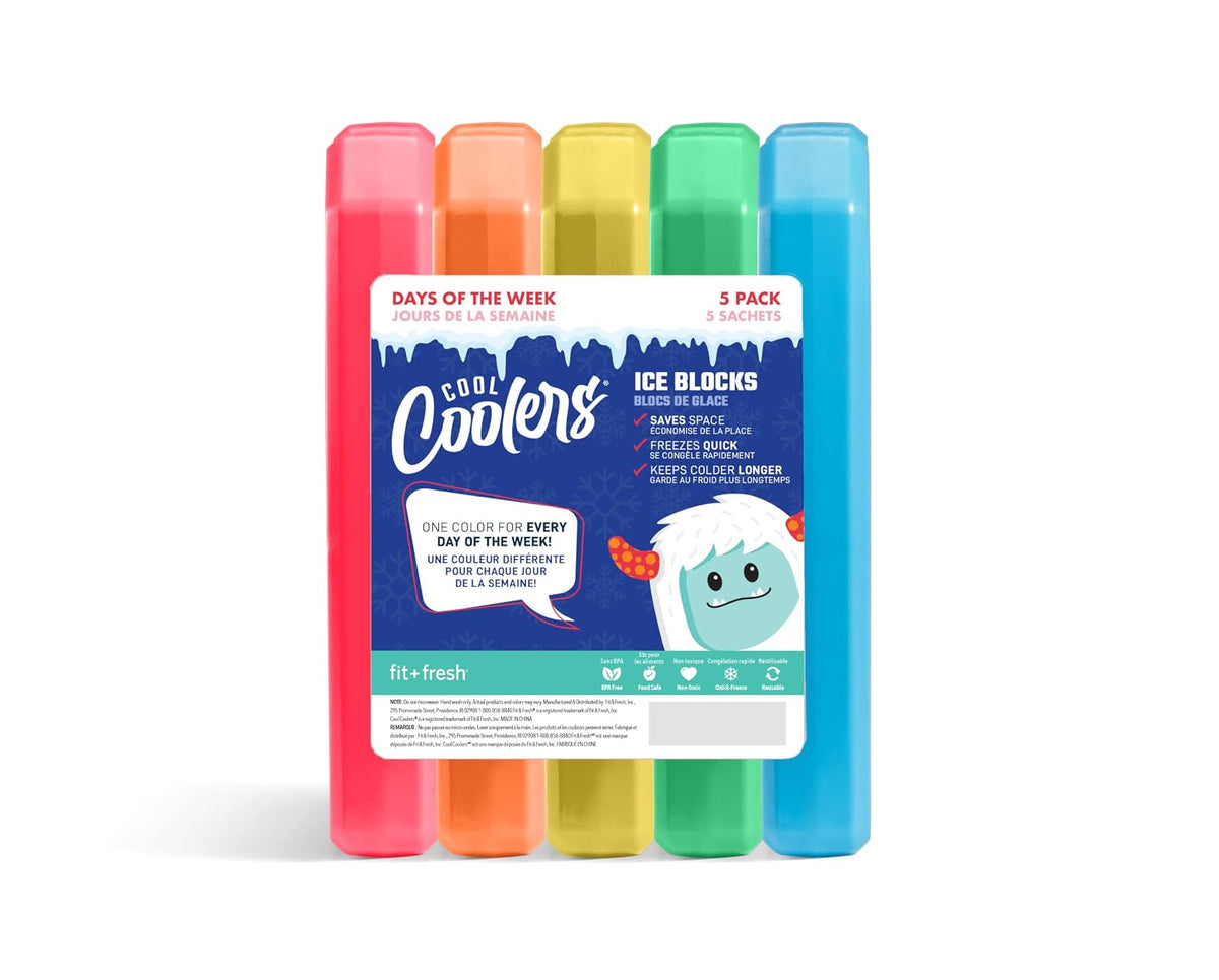Cool Coolers by Fit + Fresh, paquete de 5 bloques de hielo para días de la semana, paquetes de hielo compactos reutilizables para loncheras y enfriadores, multicolor - Arco iris