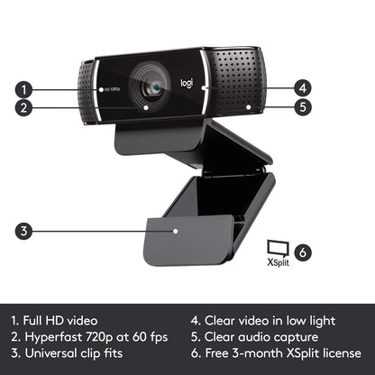 Logitech C922 Pro Stream 1920 x 1080 Pixeles, conexión USB, Webcam 1080p, 60 fps, Trípode Incluido y Licencia Gratuita de 3 Meses para XSplit, Negra