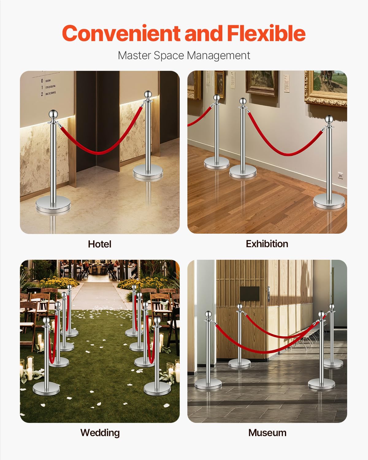 VEVOR 6 PCS Poste de Estaca de Acero Inoxidable de 1,5 m con Base Hueca de Inyección de Arena y 3 Cuerdas de Terciopelo Rojo, Barreras de Control de Multitudes para Teatro, Fiesta, Boda, Plateado