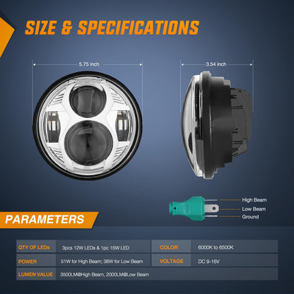 Nilight TL-411 Faros Delanteros LED para Motocicleta Harley Davidson 5.75 in, Compatible con Sportster/Dyna/Softail, Cromo