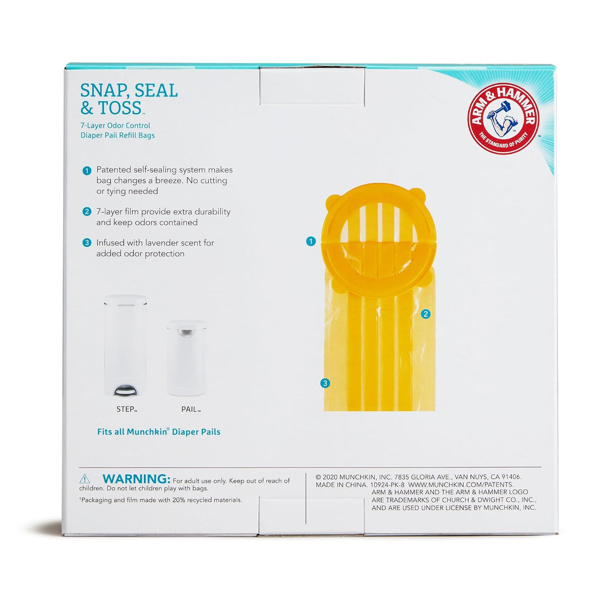Munchkin Arm & Hammer Pail Snap con cierre y bolsa de recambio, Multicolor/Ninguno, 20 unidades