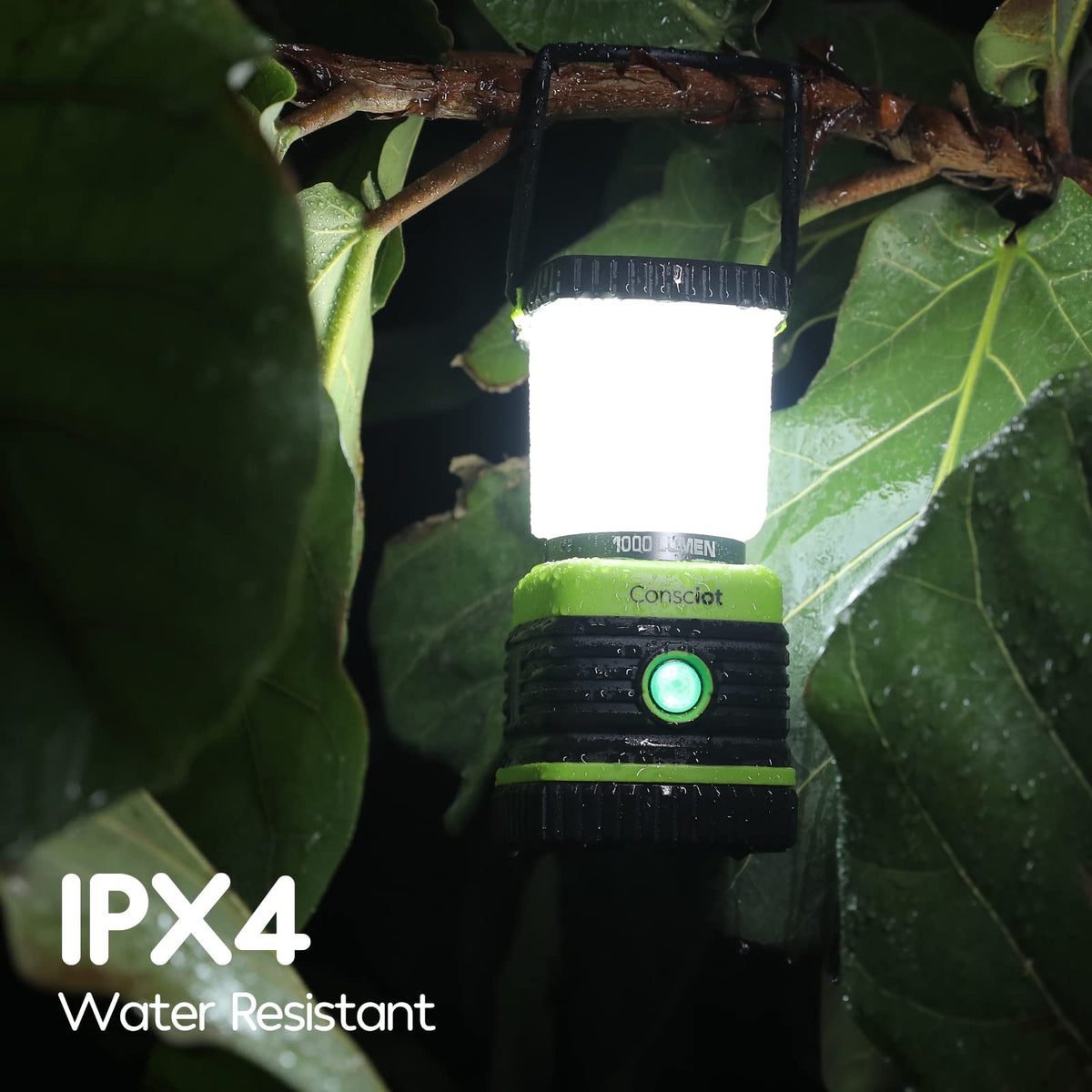 Linterna LED de camping recargable, luces de camping Consciot, 1000 lúmenes, 4 modos de luz, banco de energía de 4400 mAh, IPX4 impermeable, luces regulables para emergencias, cortes de energía, cable