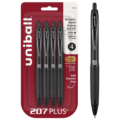 Uni-ball 207 Plus+ Bolígrafo de Gel Punto Medio 0.7 mm, Paquete de 4 - Bolígrafos - Black