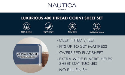 Nautica - Sábanas Queen, sábanas de satén de algodón, 400 Hilos, sedosas, Suaves y Resistentes a Las Arrugas (Regatta Navy Queen)