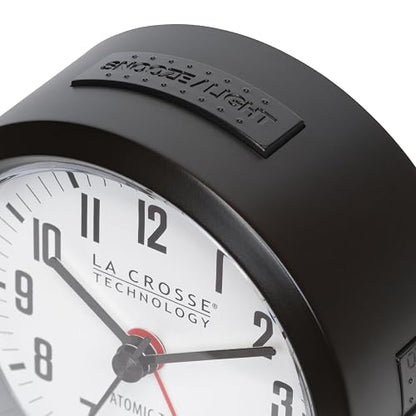 La Crosse Technology 617-710B-INT Reloj Despertador analógico atómico Negro Redondo de 4 Pulgadas