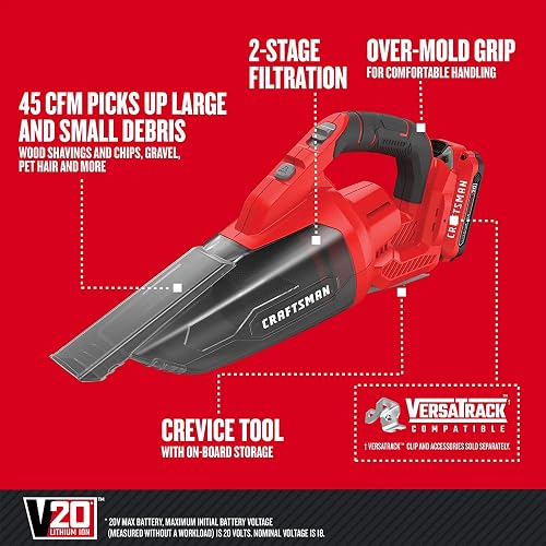 Craftsman V20 CMCVH001C1 - Aspiradora de Mano inalámbrica, 45 CFM, Sistema de filtración de 2 etapas con Filtro, batería y Cargador Incluido