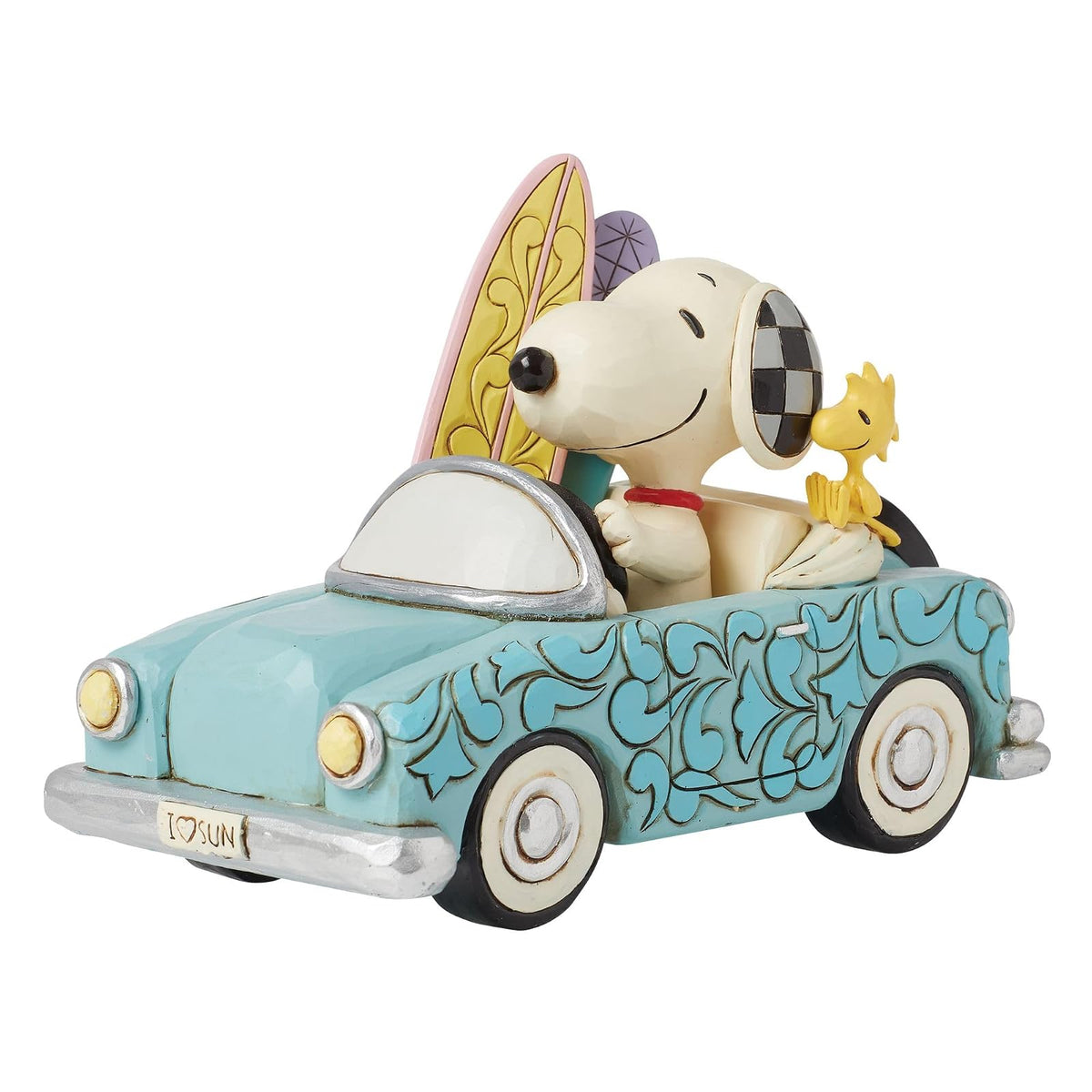 Enesco Peanuts by Jim Shore Collection Snoopy y Woodstock en Automóvil con Figura de Tablas de Surf, Resina de Piedra Hecha a Mano Pintada de Cacahuetes coleccionables, Estatua de decoración del hogar