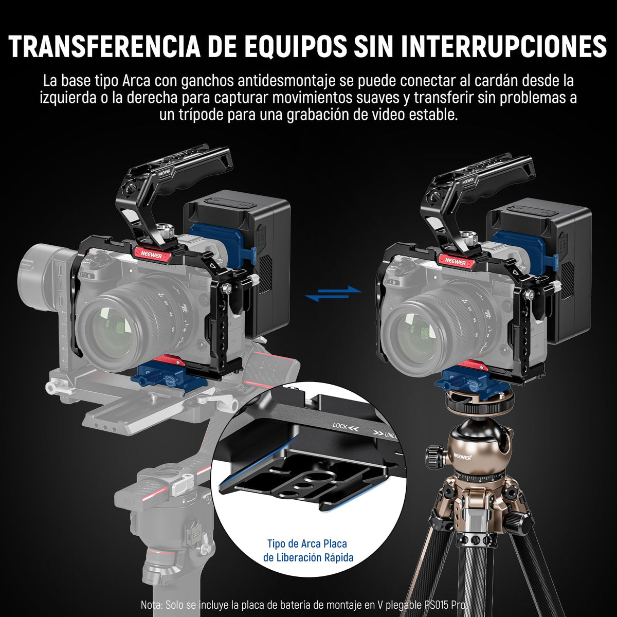 NEEWER Plegable Placa de Batería V Mount con Placa Base de Cámara de Liberación Rápida Tipo Arca Vídeo Rig Cámara DSLR Compatible con SmallRig Batería de V Montaje Jaula dji RS4 RS3 Gimbal, PS015 Pro