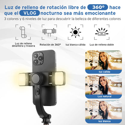 Estabilizador para Celular, Estabilizador de Cardán con Luz de Relleno, Estabilizador de Cardán para Teléfono con Mando Inalámbrico y Trípode, Rotación Automática de 360°,Estabilizador con Palo Selfie