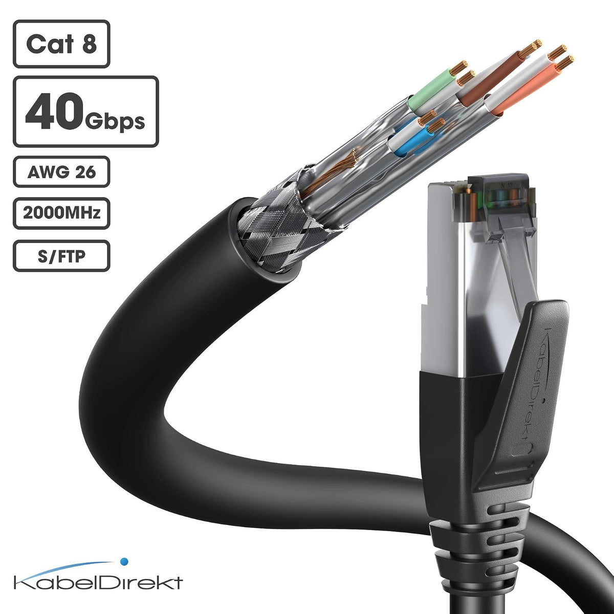 KabelDirekt – Cable Ethernet CAT8 40Gbit/s – 6ft/2m | CAT8.1, para Gaming/PS5/Xbox/Switch, RJ45, negro