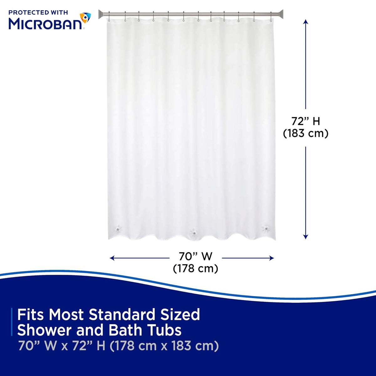 Kenney MB61169 Microban Protector de cortina de ducha impermeable de PEVA calibre 8 con ojales de metal resistentes al óxido y dobladillo magnético pesado para baño, 70 pulgadas de ancho x 72 pulgadas