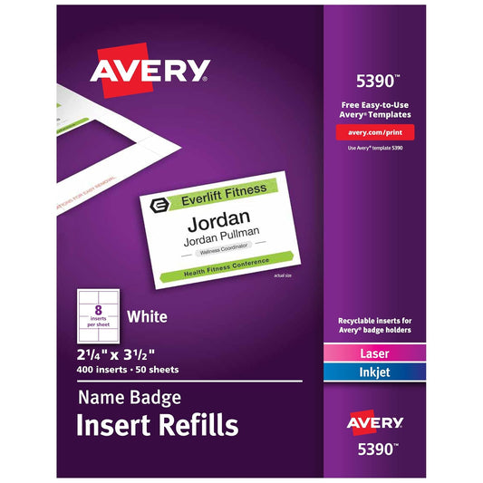 Avery 5392 - Tarjetas para gafete de identificación, para impresión o escritura, 7.62 cm x 10.16 cm, 300 recambios de cartulina, 5.71 cm x 8.89 cm, Blanco, 400 name tags