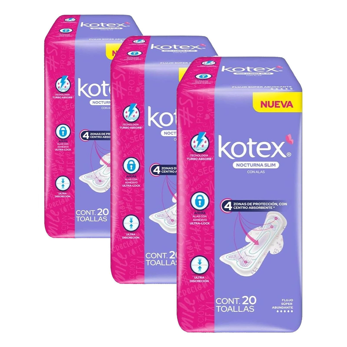 Kotex Nocturna Slim Con Alas, Toalla Femenina, Paquete con 20 Toallas, Ideal para Flujo Súper Abundante (Paquete de 3)