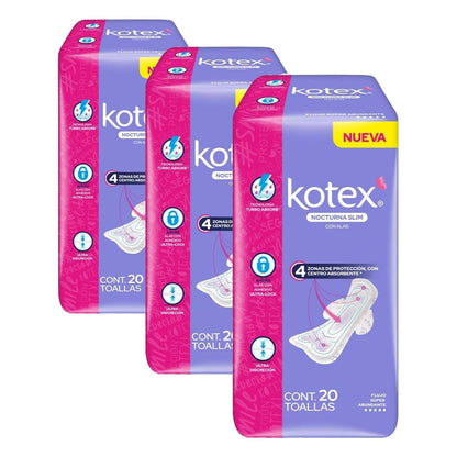 Kotex Nocturna Slim Con Alas, Toalla Femenina, Paquete con 20 Toallas, Ideal para Flujo Súper Abundante (Paquete de 3)