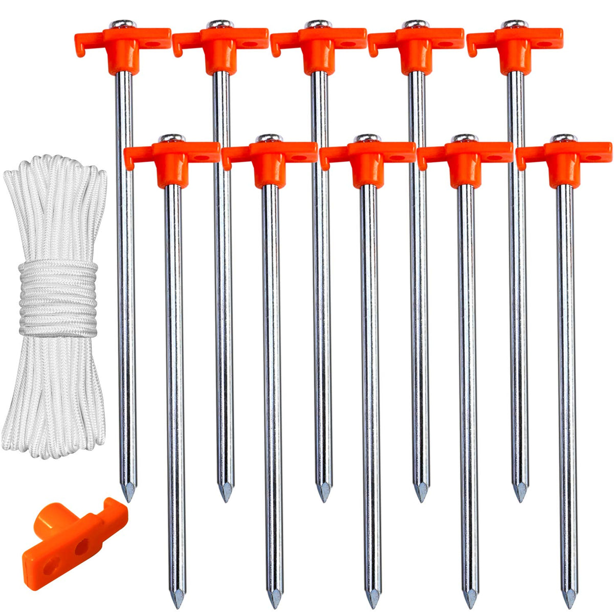ABCCANOPY - Estacas para tienda de campaña de 11 pulgadas, 10 anclajes de metal no oxidado, puntas resistentes con 4 cuerdas para acampar al aire última intervensión, color naranja