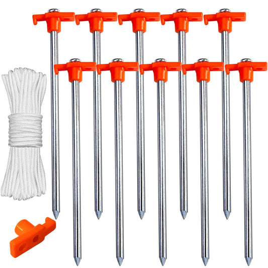ABCCANOPY - Estacas para tienda de campaña de 11 pulgadas, 10 anclajes de metal no oxidado, puntas resistentes con 4 cuerdas para acampar al aire última intervensión, color naranja