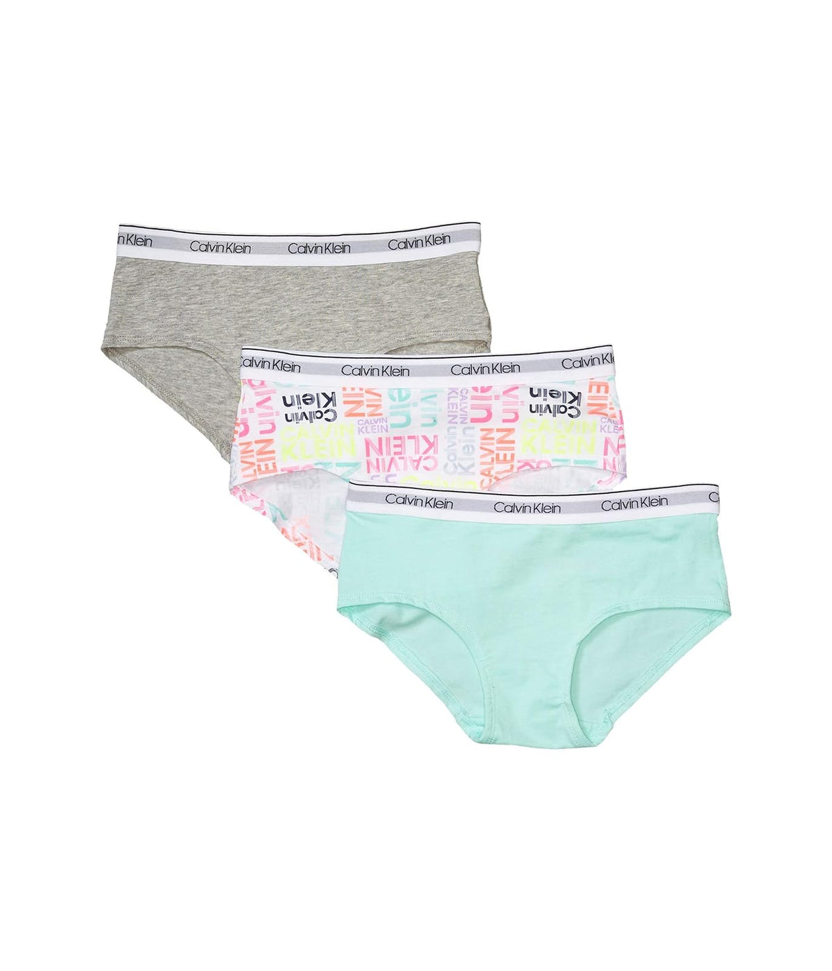 Calvin Klein Calzones Tipo Bikini para Niña, Paquete de 3 - Paquete de 3 - Gris jaspeado - Verde azulado - Blanco Firma - M