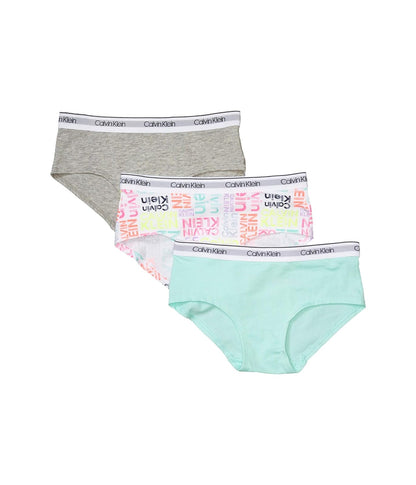 Calvin Klein Calzones Tipo Bikini para Niña, Paquete de 3 - Paquete de 3 - Gris jaspeado - Verde azulado - Blanco Firma - M