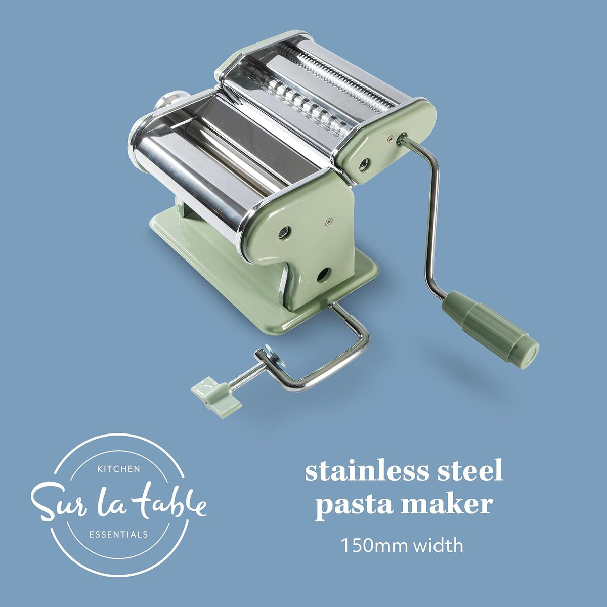 Sur La Table Kitchen Essential Va Bene - Máquina manual para hacer pasta de fideos con rodillos y cortadores, espaguetis, fettuccini, lasaña o bola de masa hervida, acero inoxidable/verde enebro