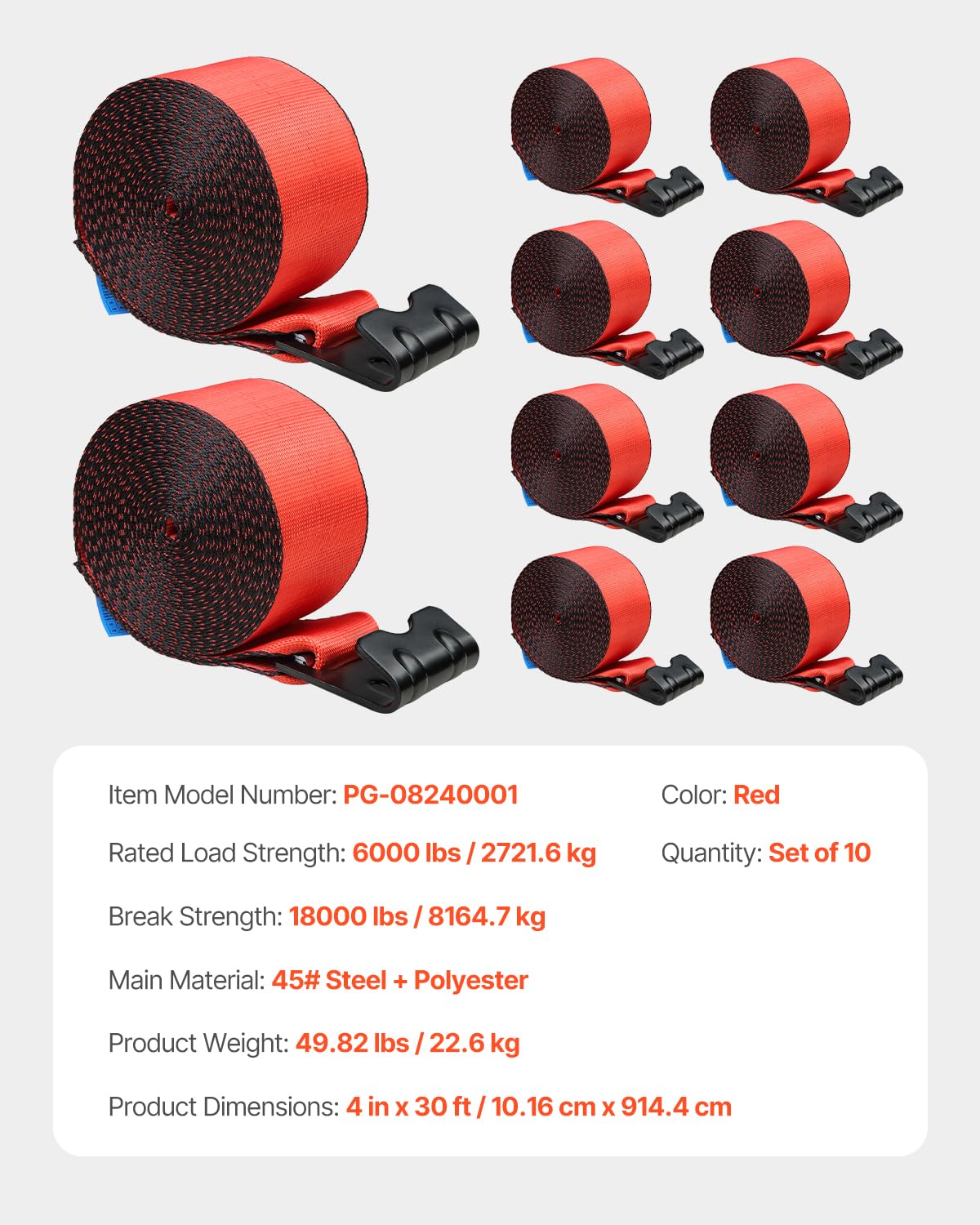 VEVOR - Correas para camión, 4 x 30 pies, Amarre Resistente con Ganchos Planos de 18 Libras, Resistencia a la Rotura, WLL# 6000 Libras, Correas de Carga amarradas para Camas Planas, Camiones,