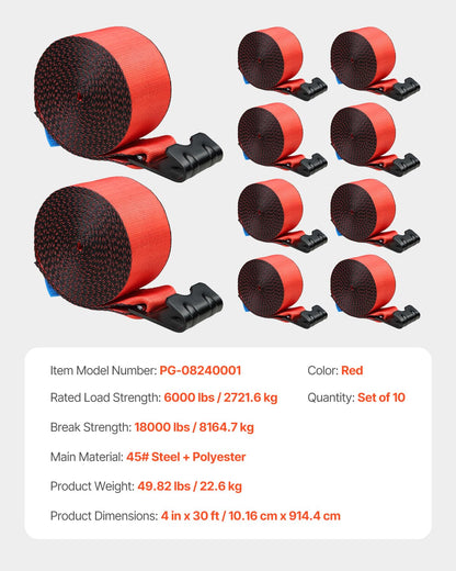 VEVOR - Correas para camión, 4 x 30 pies, Amarre Resistente con Ganchos Planos de 18 Libras, Resistencia a la Rotura, WLL# 6000 Libras, Correas de Carga amarradas para Camas Planas, Camiones,