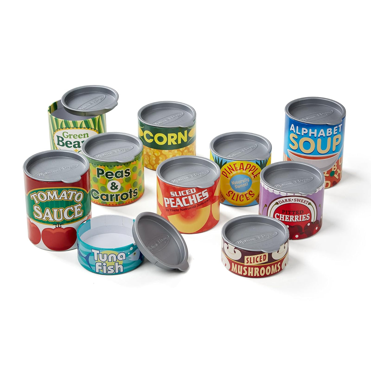 Melissa & Doug ¡Juguemos de Casita! Set de Alimentos Enlatados, Juego de Imitación, Tapas Abatibles, Construcción de Cartón Resistente (10 Latas)