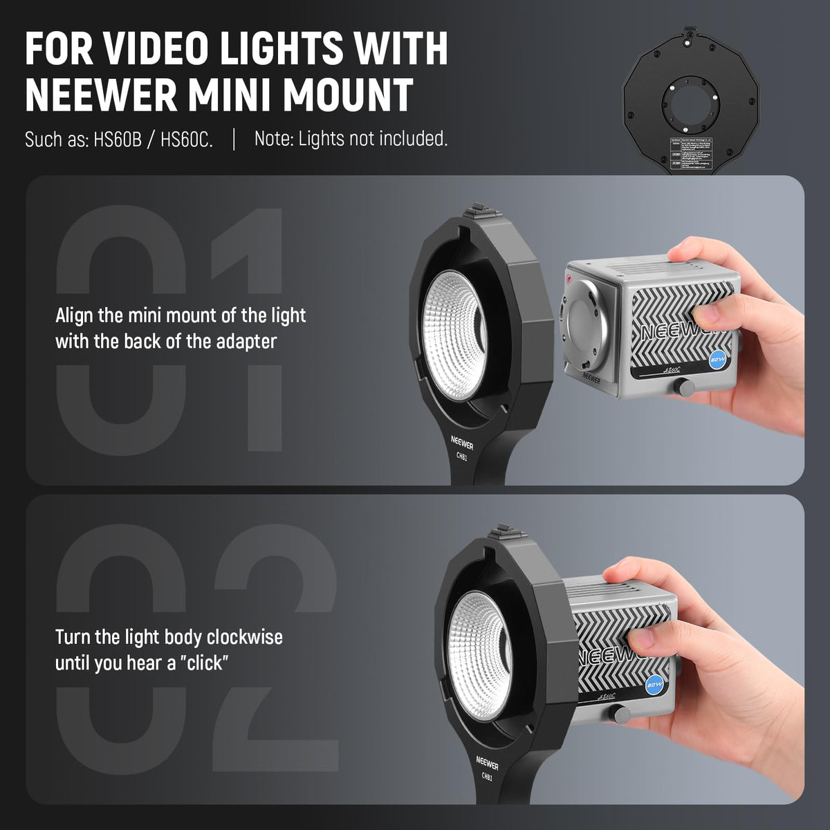 NEEWER Soporte Adaptador Montura Bowens, Anillo Adaptador Mini a Bowens con Rosca Paraguas, Receptor 5/8", Inclinación 180°SOLO para NEEWER HS60B/HS60C Luces Vídeo Foco Portátiles, CHB1