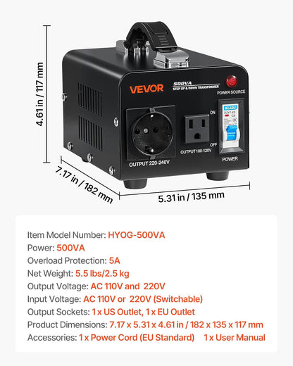 VEVOR Transformador convertidor de voltaje de 500 VA, transformador elevador/reductor de potencia de alta resistencia, convierte de 110 V a 220 V y de 220 V a 110 V