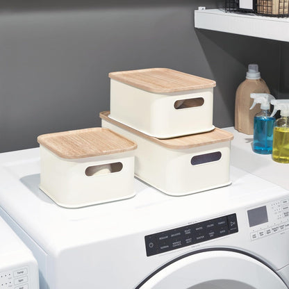 iDesign cubeta de Almacenamiento Mediano de plástico Reciclado con Asas y Tapa de Madera de Paulownia, 8.4 x 11 x 5 Pulgadas, Coco