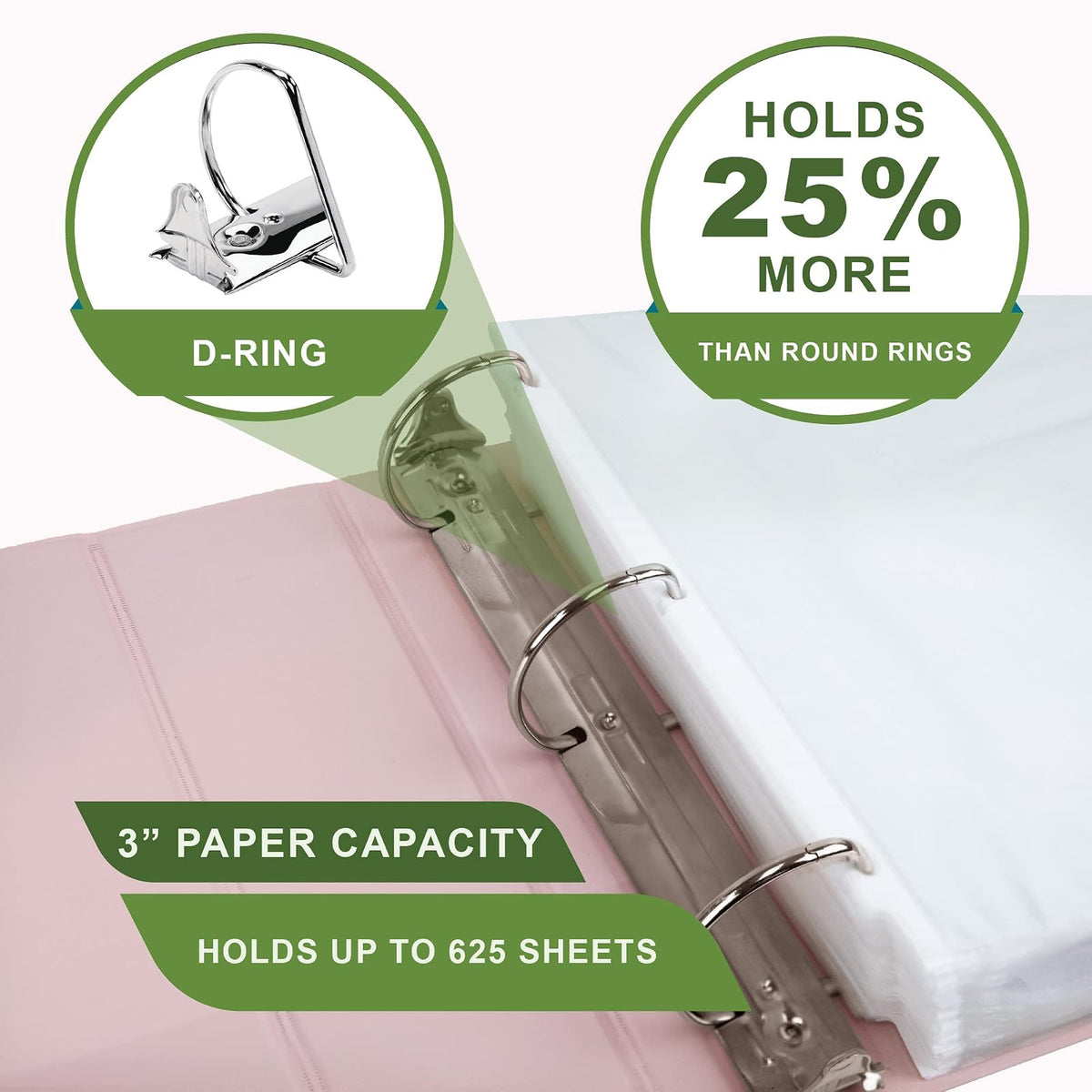 Samsill Anillo en D duradero a base de plantas de 3 pulgadas, fabricado en Estados Unidos, carpeta de vista, ecológica, con base biológica certificada USDA, paquete de 2, rosa