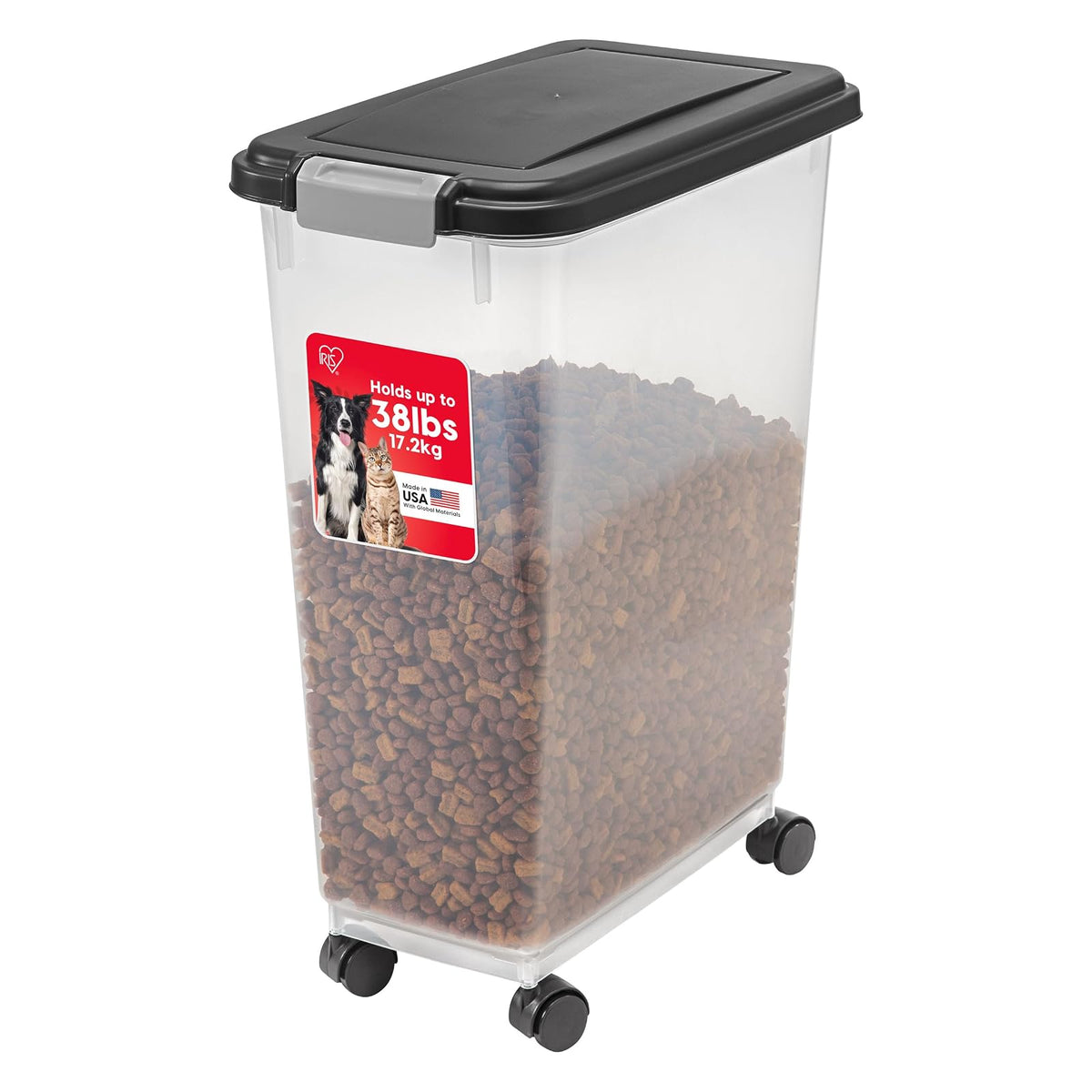 IRIS USA Contenedor Hermético WeatherPro con Ruedas para Alimento de Mascotas, hasta 13.6 kg - 44.5 L - 15.9 Kg - Black
