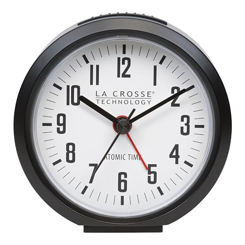La Crosse Technology 617-710B-INT Reloj Despertador analógico atómico Negro Redondo de 4 Pulgadas