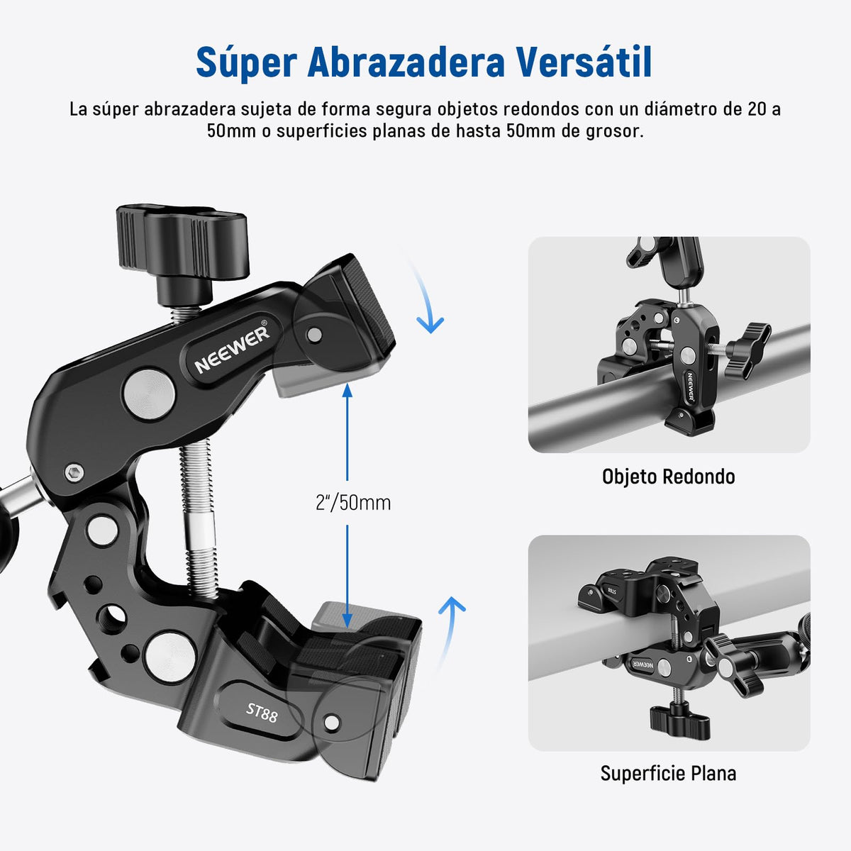 NEEWER Super Clamp con 3" Brazo Mágico Doble Cabeza Esférica, Phone Clamp Cámara con Roscas 1/4" 3/8", Soporte Teléfono, Adaptador Cámara Acción Compatible con GoPro dji iPhone 16 15 Pro MAX, ST88