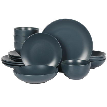 Gibson Home Queenslane Juego de Vajilla de Gres 16 Piezas - Service for Four (16pcs - Double Bowl) - Azul Mate (Double Bowl)