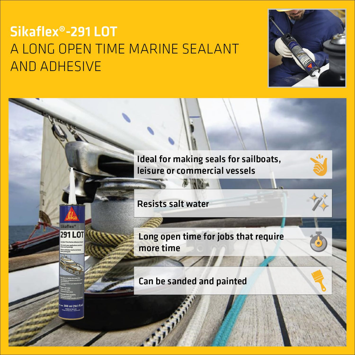 Sikaflex-291 LOT, blanco, calcomanía marino y sellador, calcomanía general de poliuretano multiusos con largo tiempo de apertura, 10.1 fl. oz