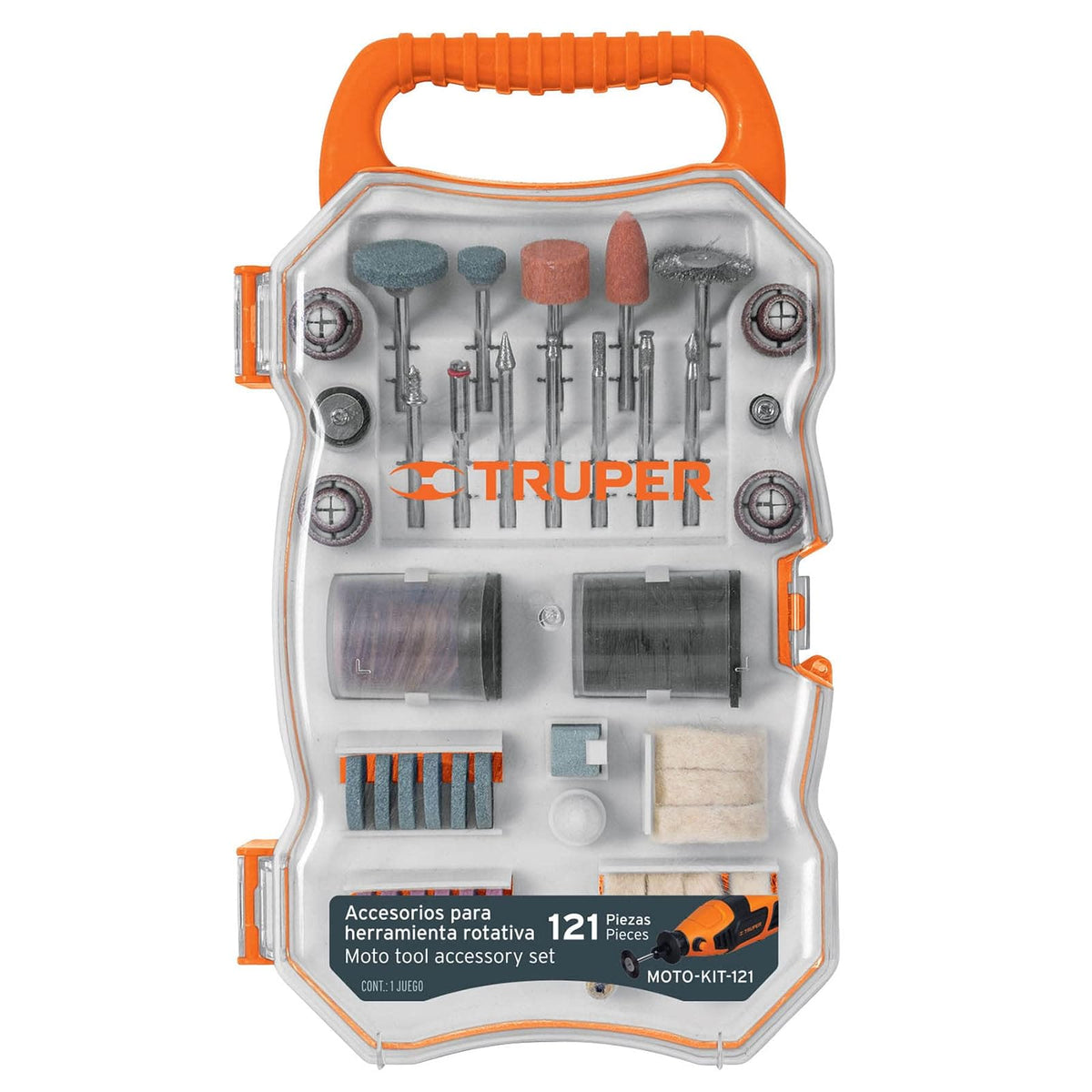 Truper MOTO-KIT-121, Juego de accesorios para herramienta rotativa, 121 piezas