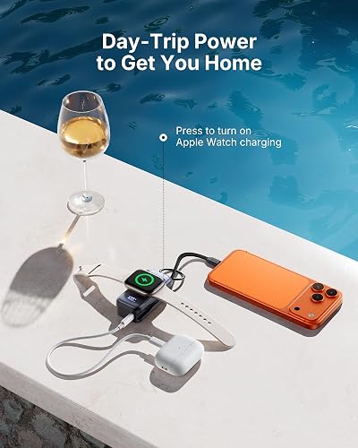 INIU Cargador portátil 3 en 1, pequeño Banco de energía de 5000 mAh con Cable USB C Incorporado y Cargador de Reloj, Paquete de batería de Carga rápida PD de 20 W, Cargador de Viaje para iPhone 16 15