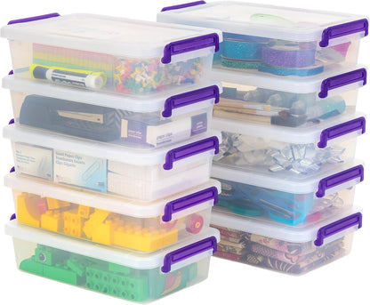 IRIS USA Contenedores con Tapa de 3 Qt, 10 Piezas, Transparentes | Contenedores plásticos para manualidades, arte, oficina y estudio con broches de cierre entrelazables - sin Asa - Violeta Pequeña