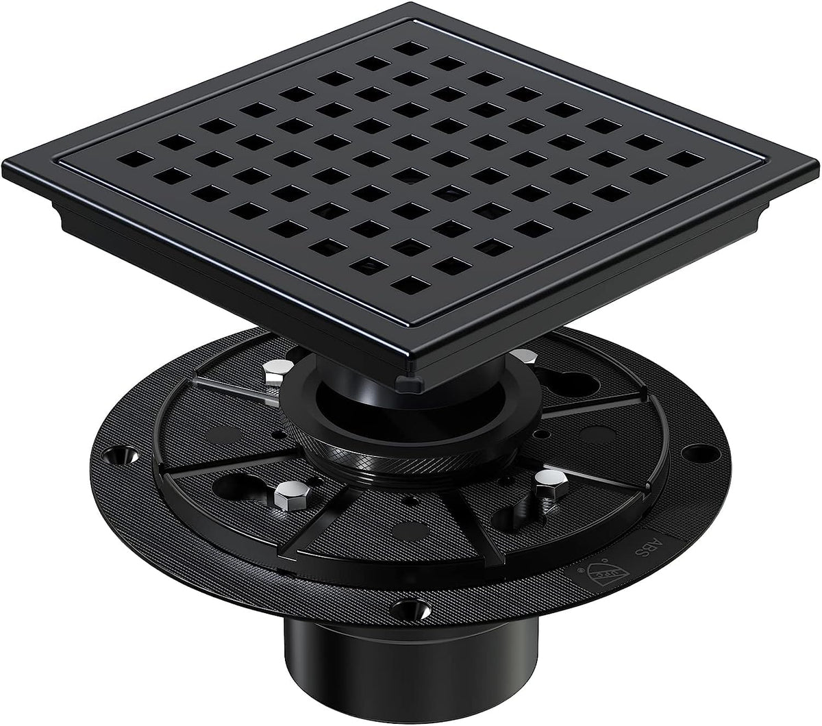 ELLO&ALLO - Drenaje de Piso de Ducha con Brida, Rejilla de patrón Quadrato extraíble de 6 Pulgadas, Acero Inoxidable Sus 304, Negro Mate - Rejilla negra con brida - 15.24 cm