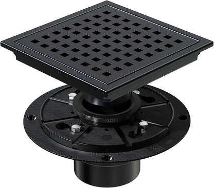 ELLO&ALLO - Drenaje de Piso de Ducha con Brida, Rejilla de patrón Quadrato extraíble de 6 Pulgadas, Acero Inoxidable Sus 304, Negro Mate - Rejilla negra con brida - 15.24 cm